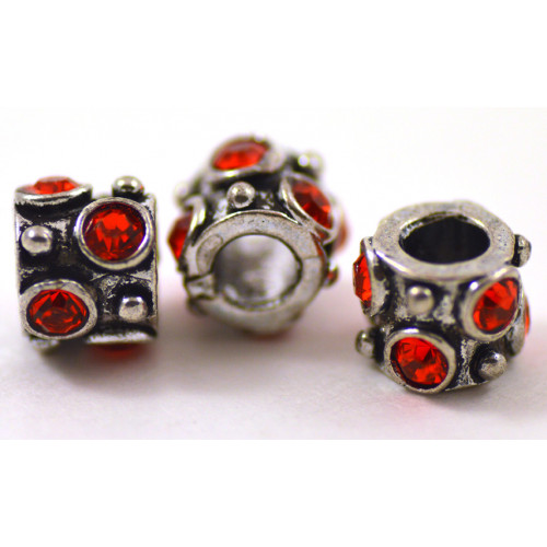 PANDORA STYLE BEAD ANTIQUE SILVER RONDELLES WITH RED RHINESTONES